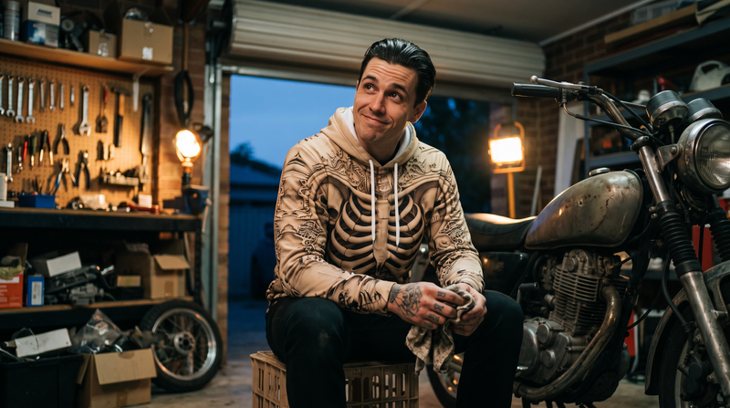 A man sitting in his garage next to a motorcycle in the Ossuary hoodie