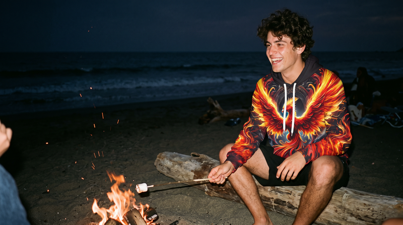 A man roasting a marshmallow by a beach campfire in the Rebirth Phoenix hoodie