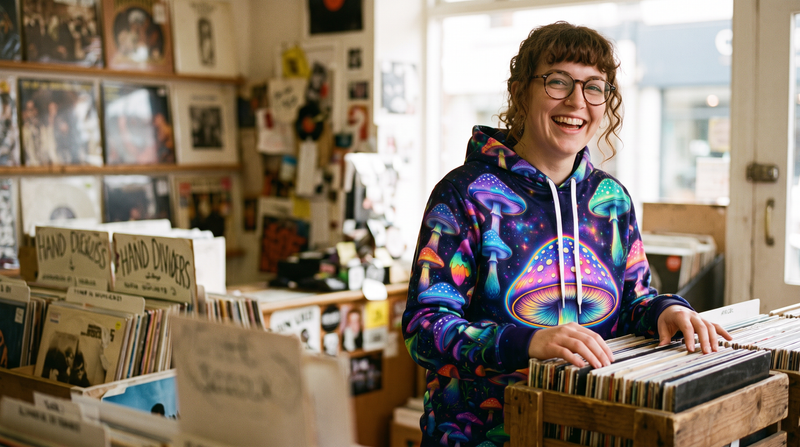 A woman flipping through records in a record store in the Glow Grove hoodie