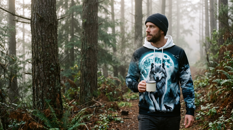 A man with a camping mug on a misty forest trail at dawn in the Full Moon Wolf hoodie