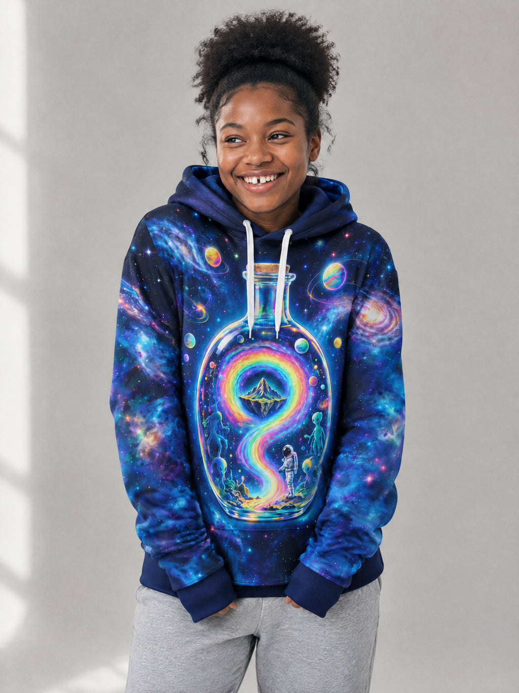 Rainbow Bottle Hoodie worn in the studio