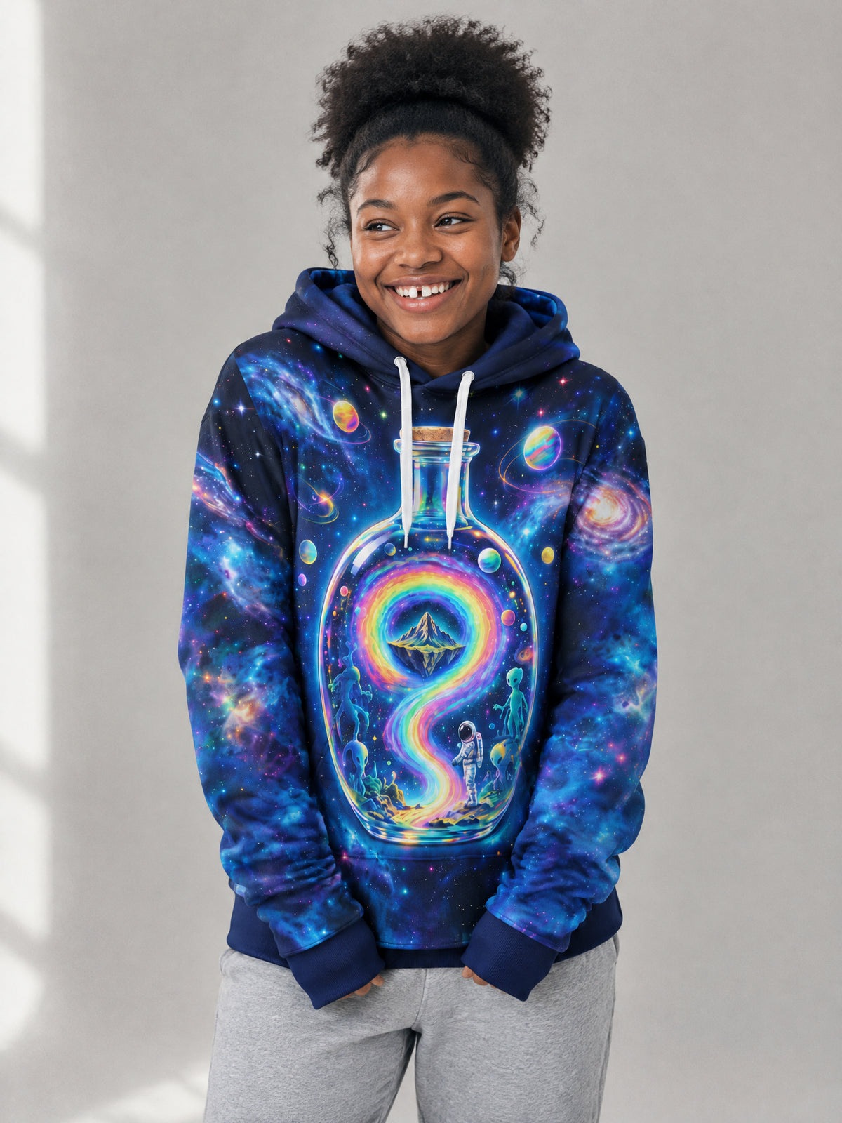 Rainbow Bottle Hoodie worn in the studio