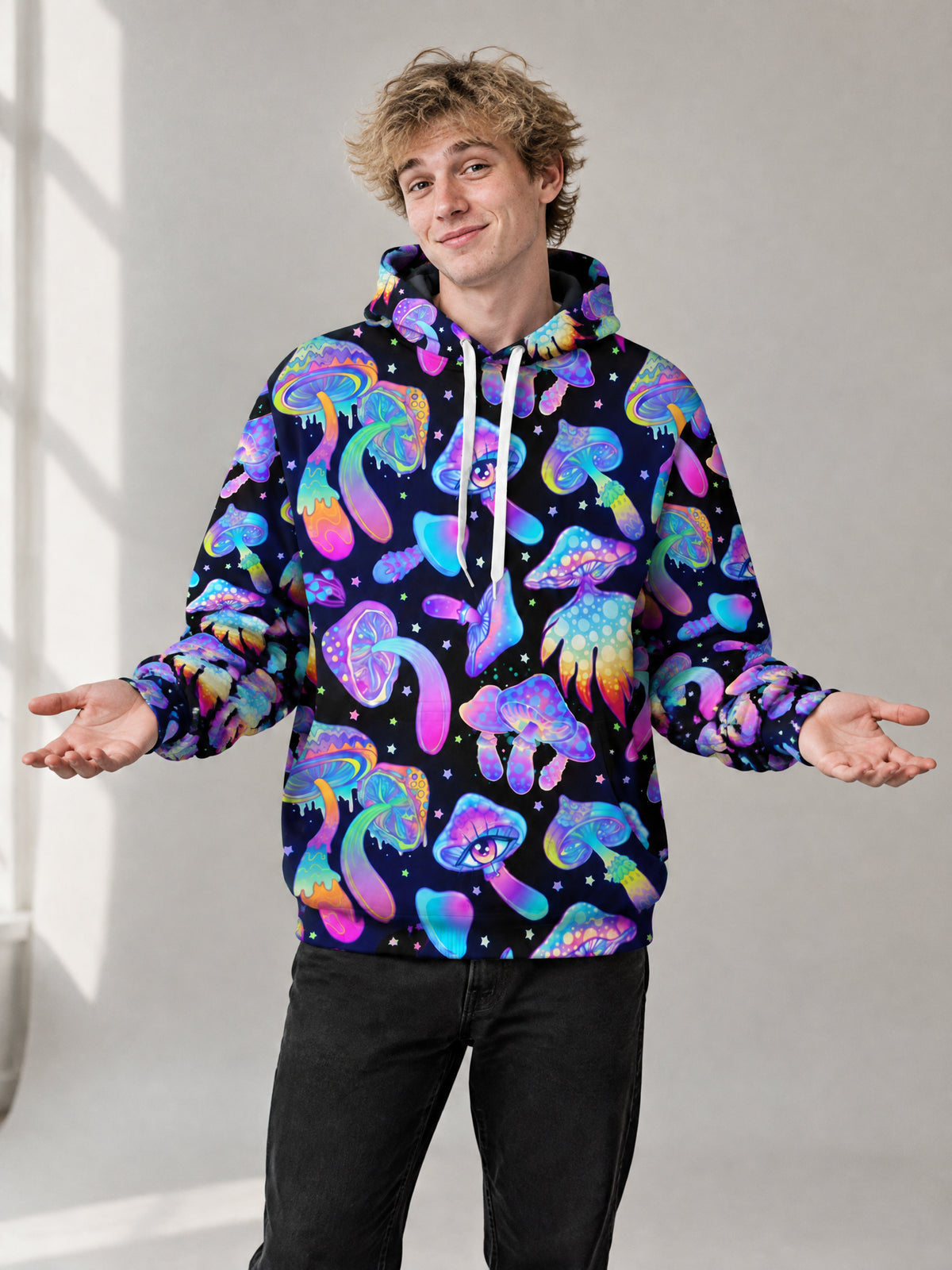 Shroom Bloom Hoodie worn in the studio
