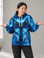 Blue Spirit Wolf Hoodie worn in the studio