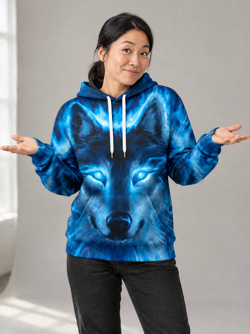 Blue Spirit Wolf Hoodie worn in the studio