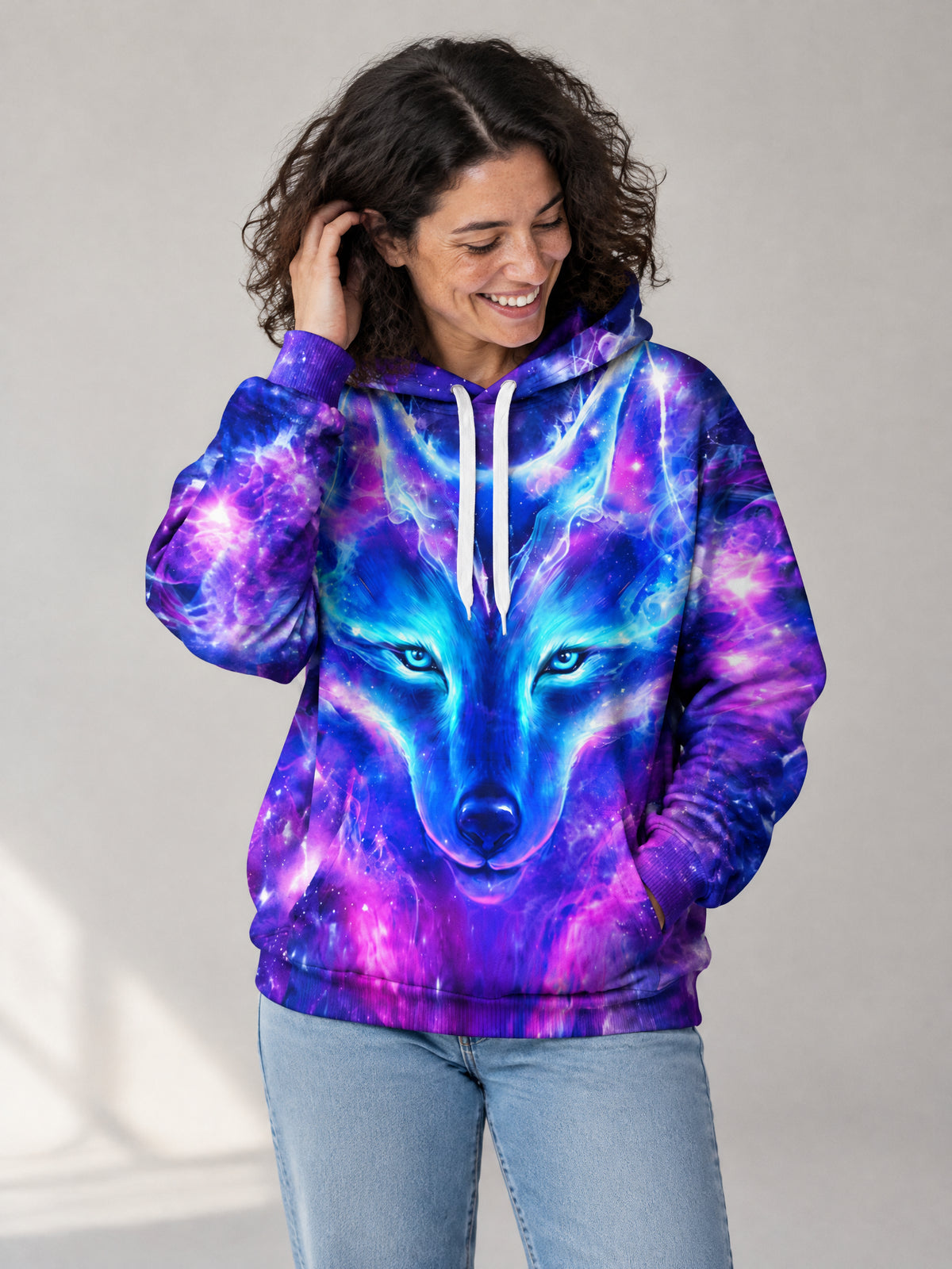 Nebula Wolf Hoodie worn in the studio