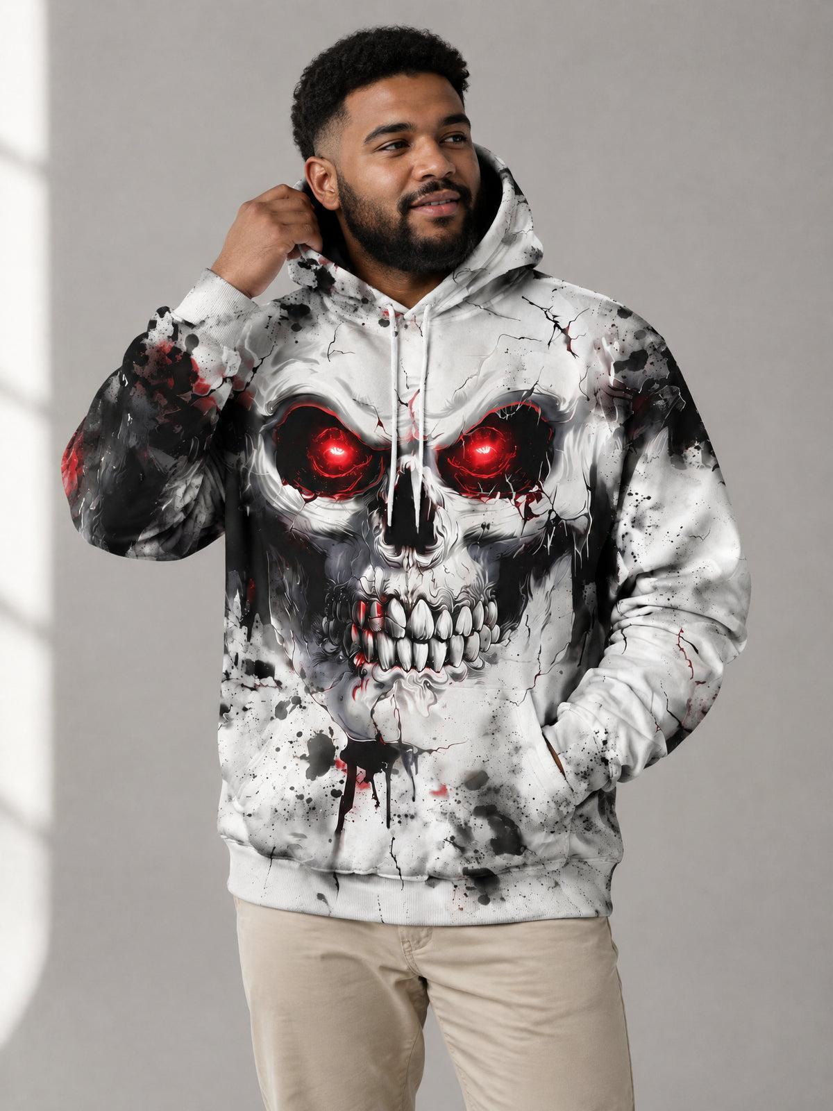 Red Eye Skull Hoodie worn in the studio