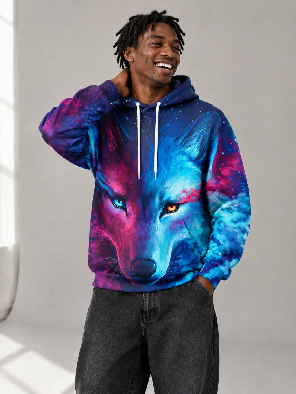 Two Souls Wolf Hoodie worn in the studio
