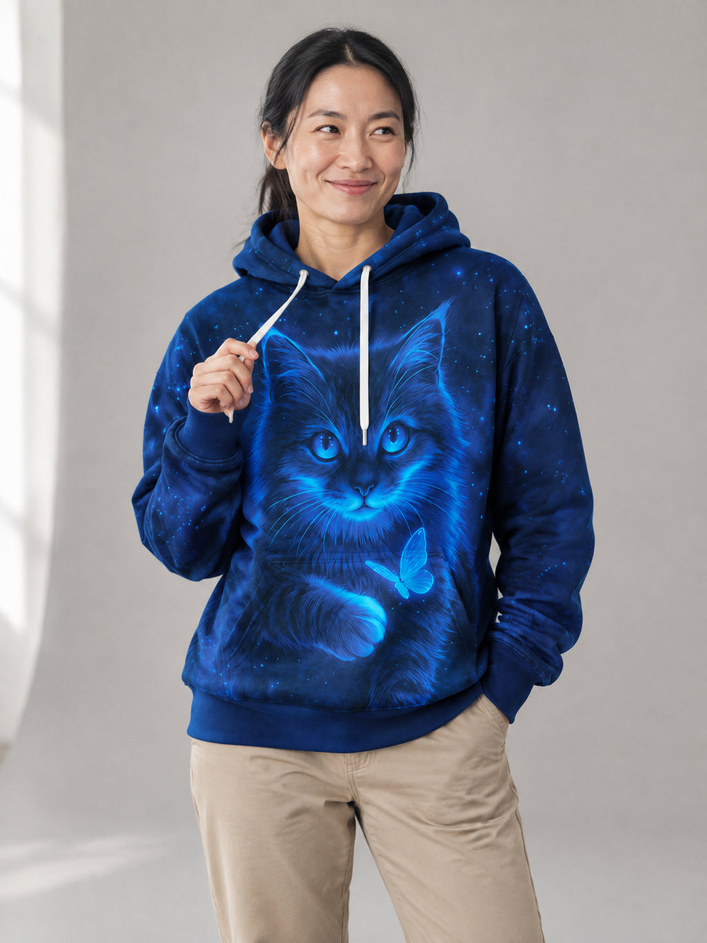 Stardust Cat Hoodie worn in the studio
