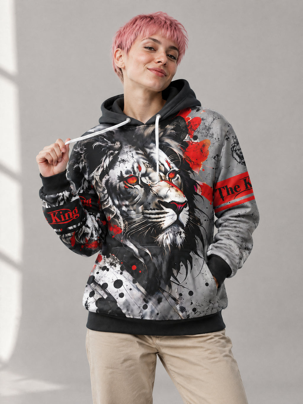 Crimson Lion Hoodie worn in the studio