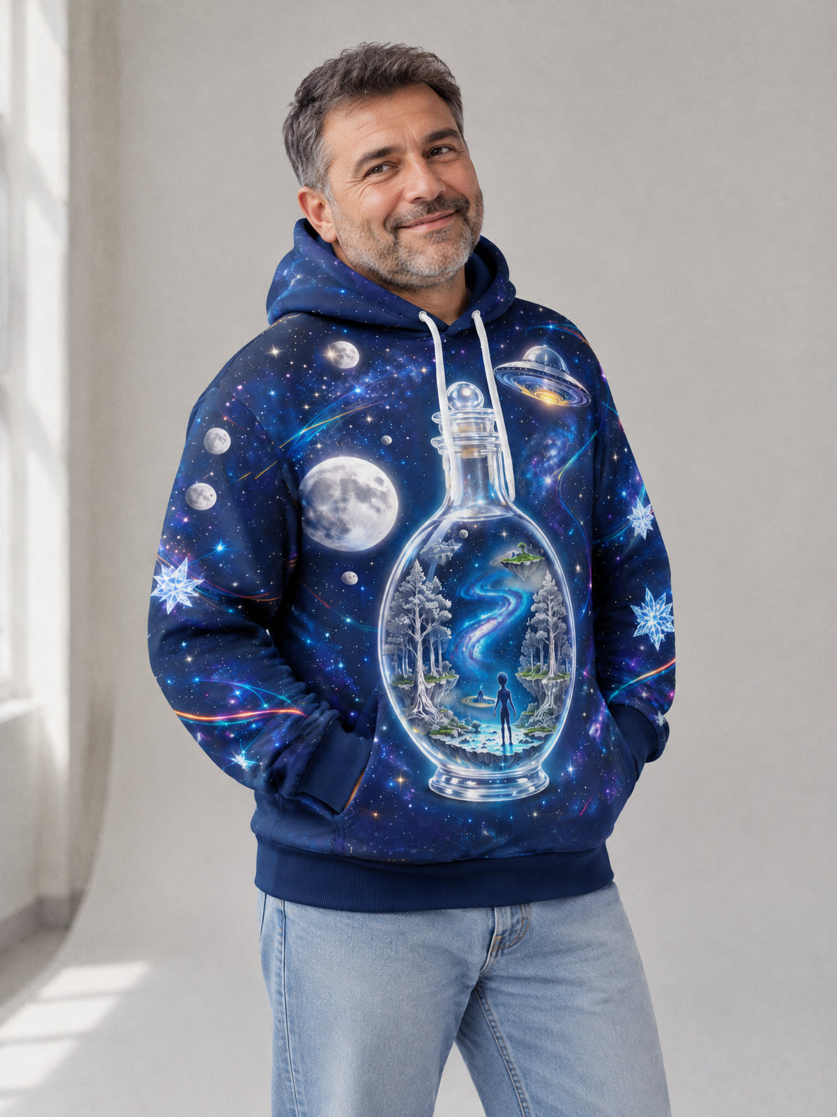 Moonlit Bottle Hoodie worn in the studio