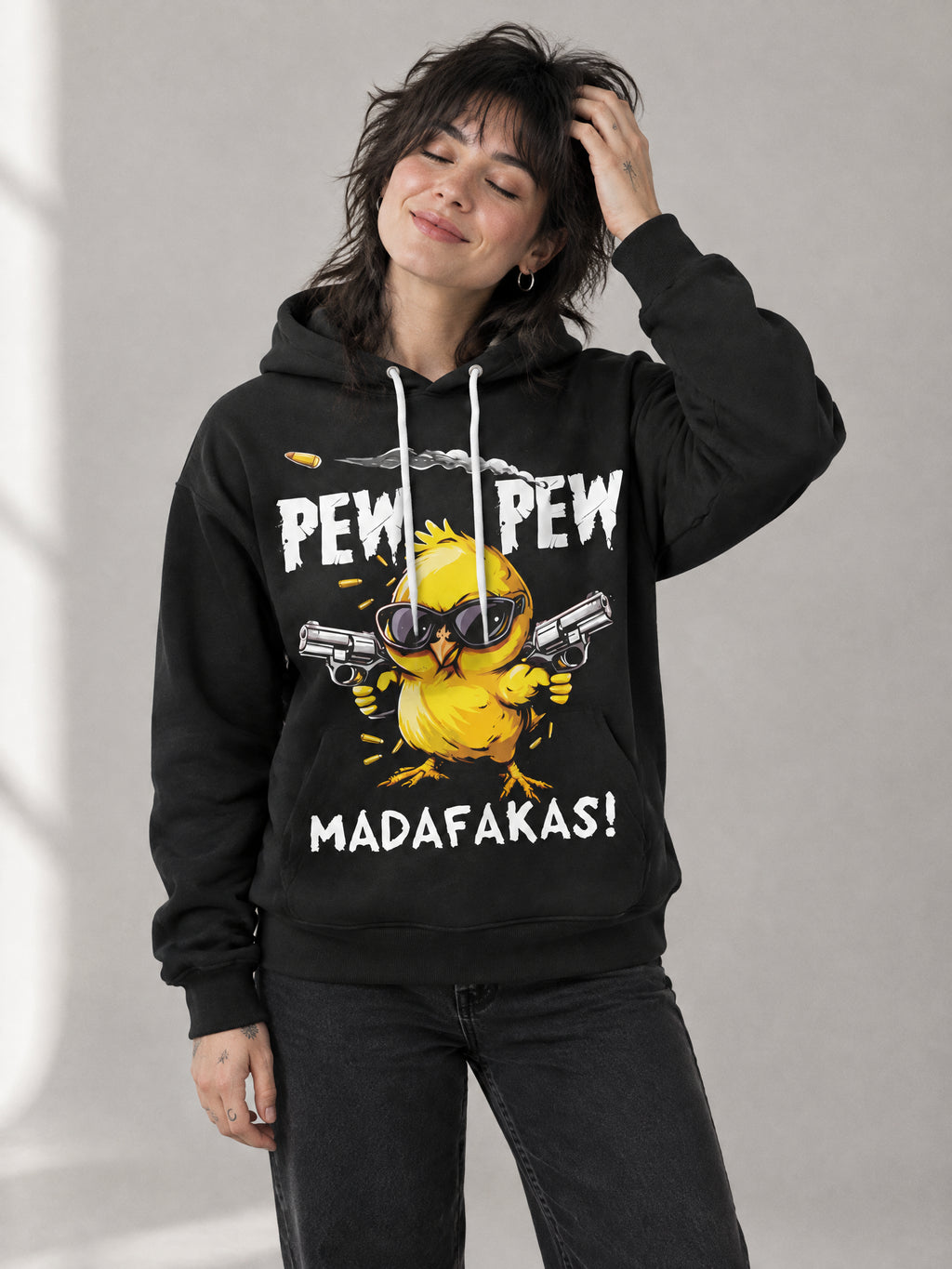 Pew Pew Hoodie worn in the studio
