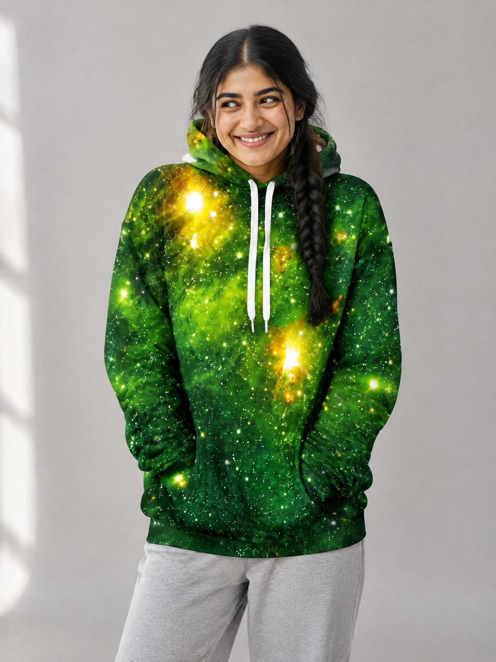 Emerald Galaxy Hoodie worn in the studio