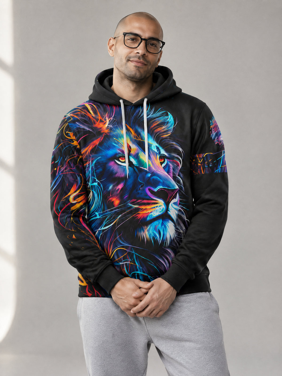 Spectrum Lion Hoodie worn in the studio