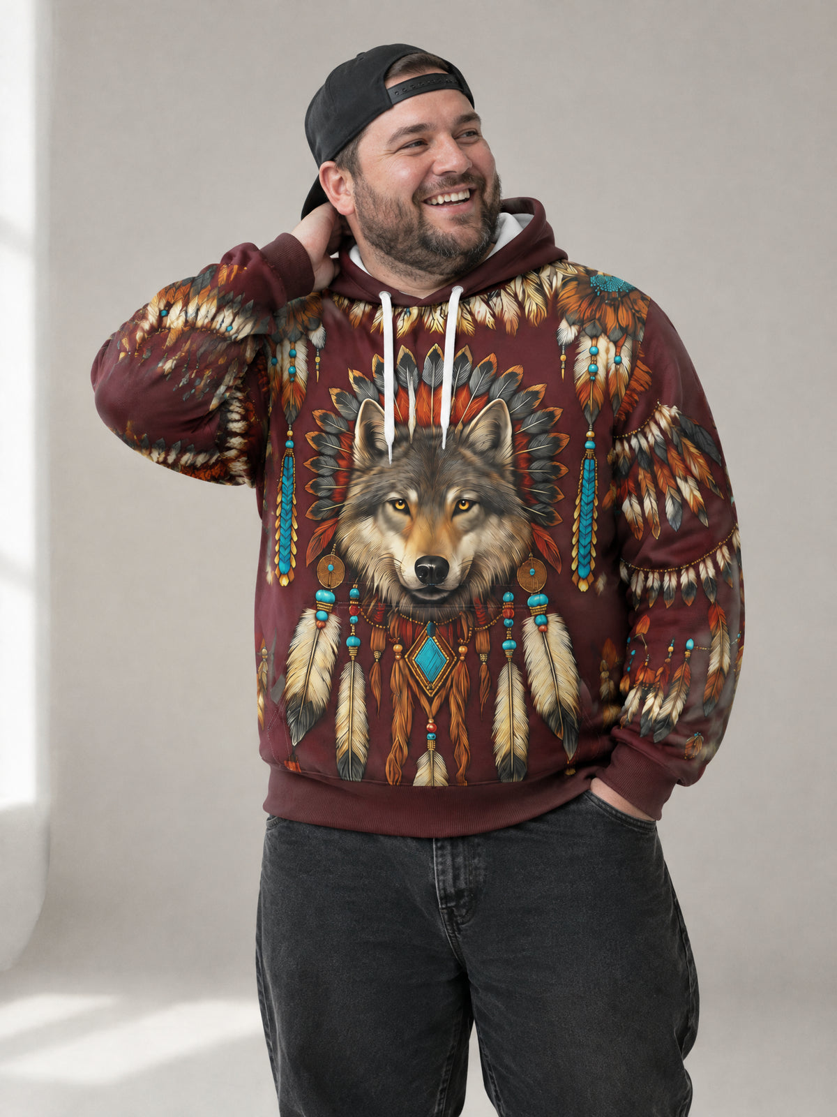 Feather Wolf Hoodie worn in the studio