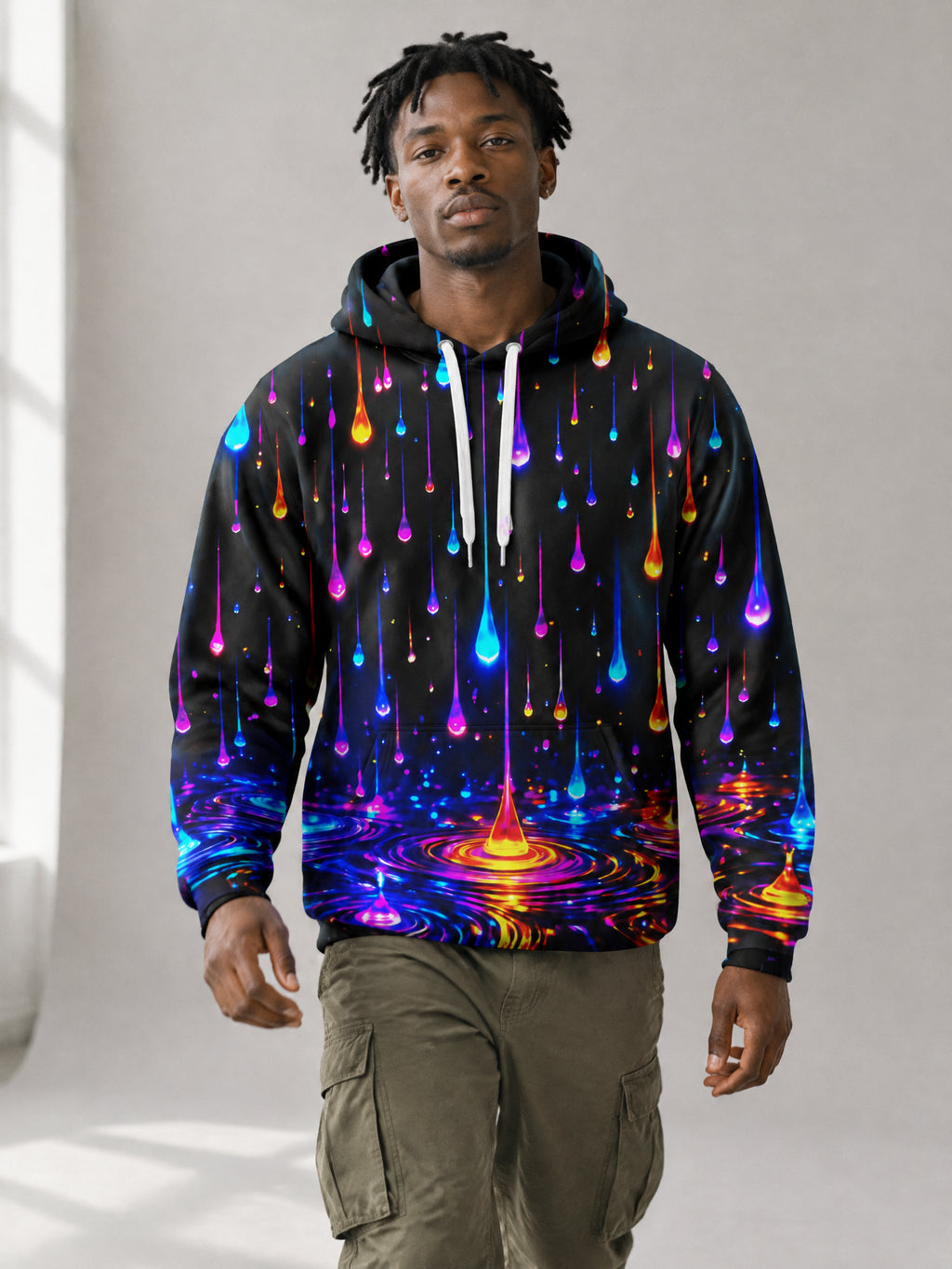 Neon Rain Hoodie worn in the studio