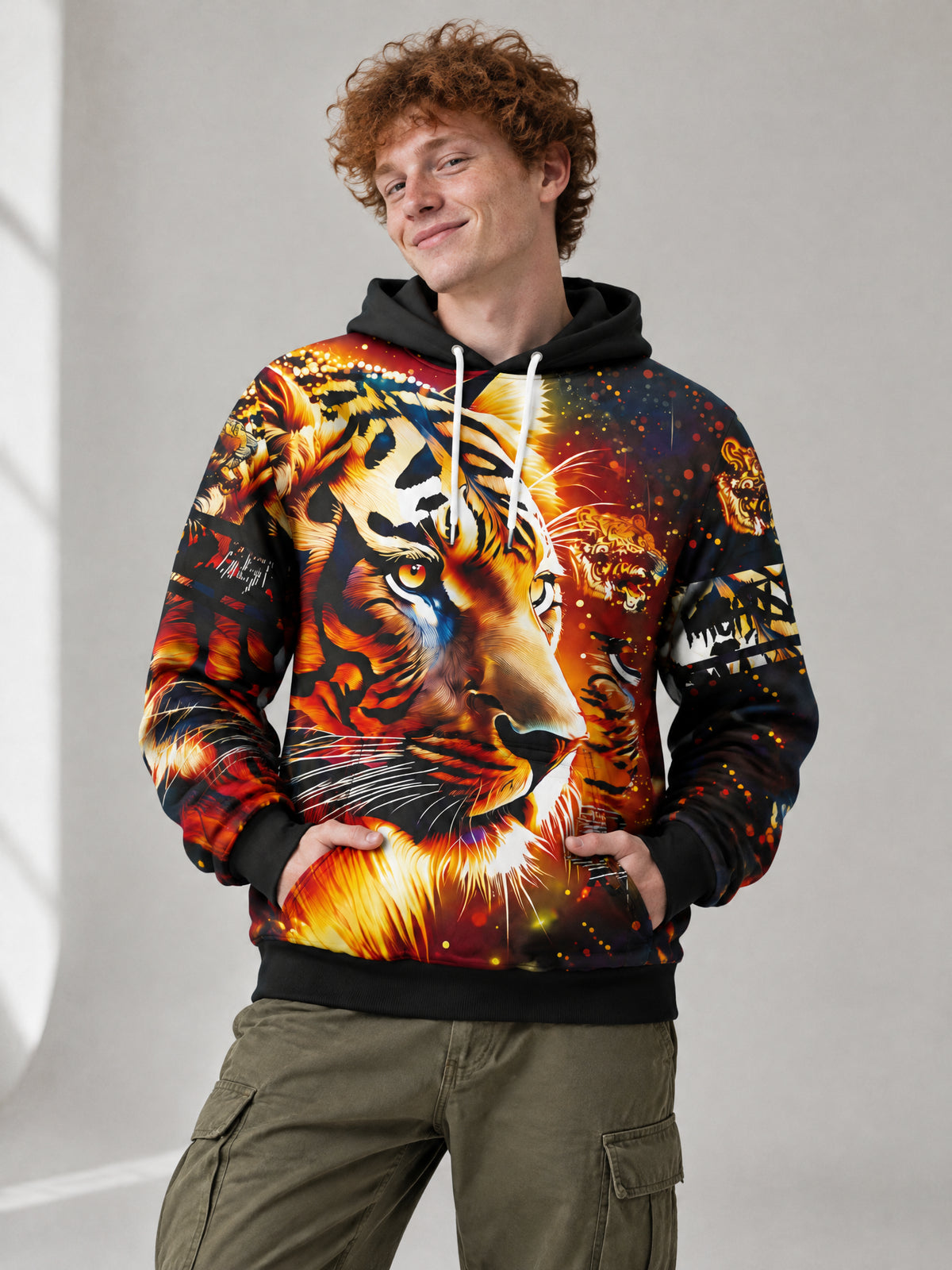 Ember Tiger Hoodie worn in the studio