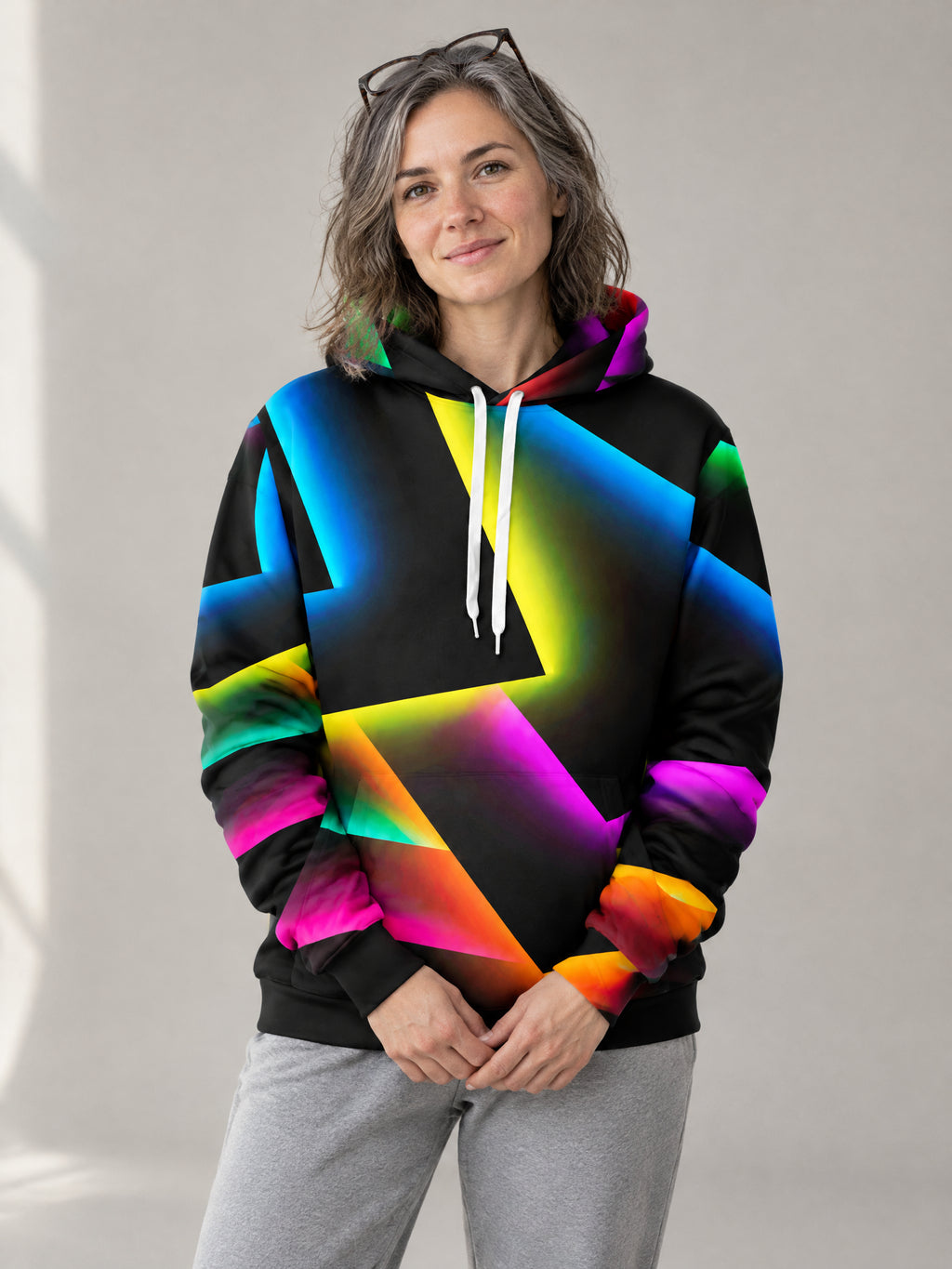 Neon Shards Hoodie worn in the studio