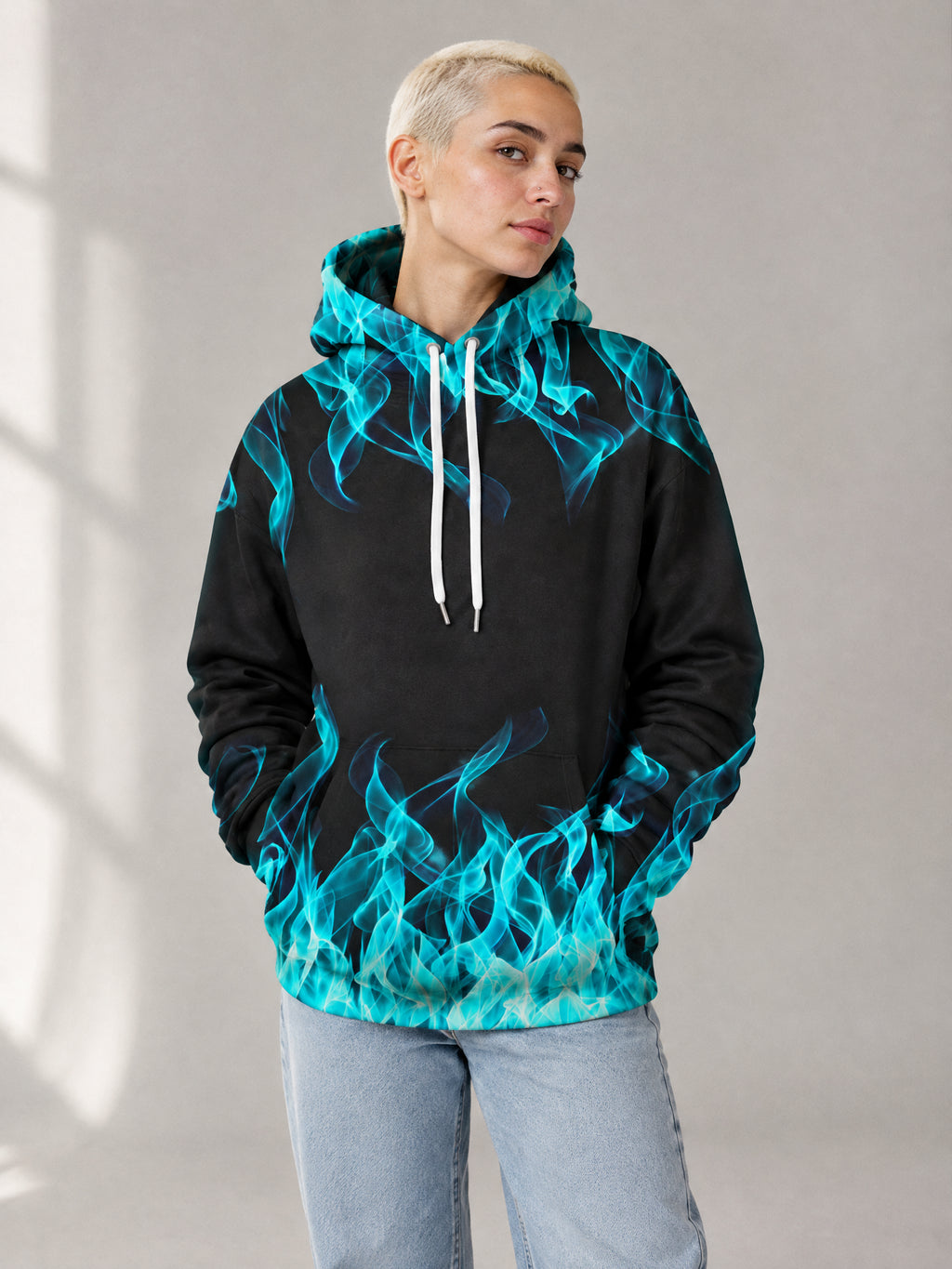 Blue Burn Hoodie worn in the studio