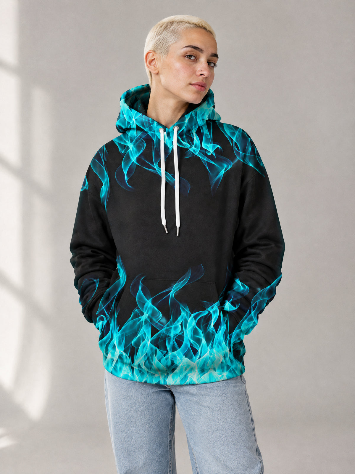 Blue Burn Hoodie worn in the studio