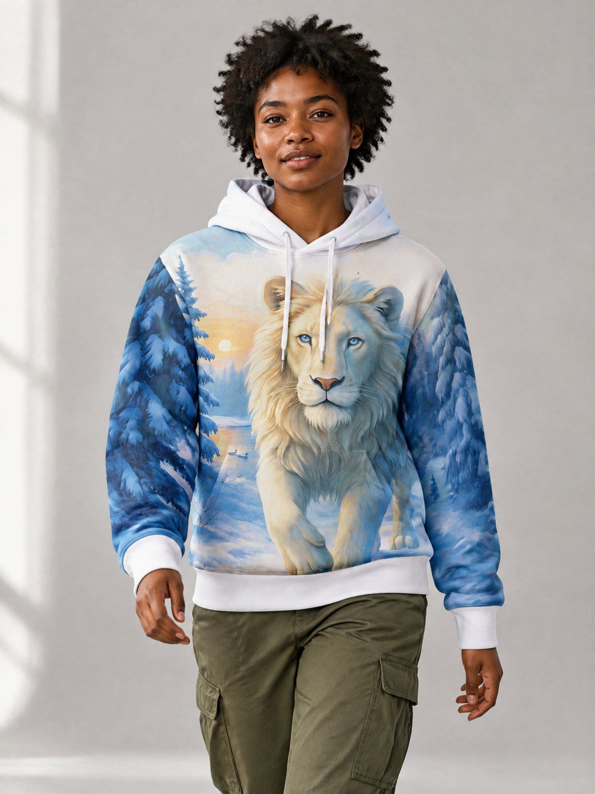 Snowfall Lion Hoodie worn in the studio