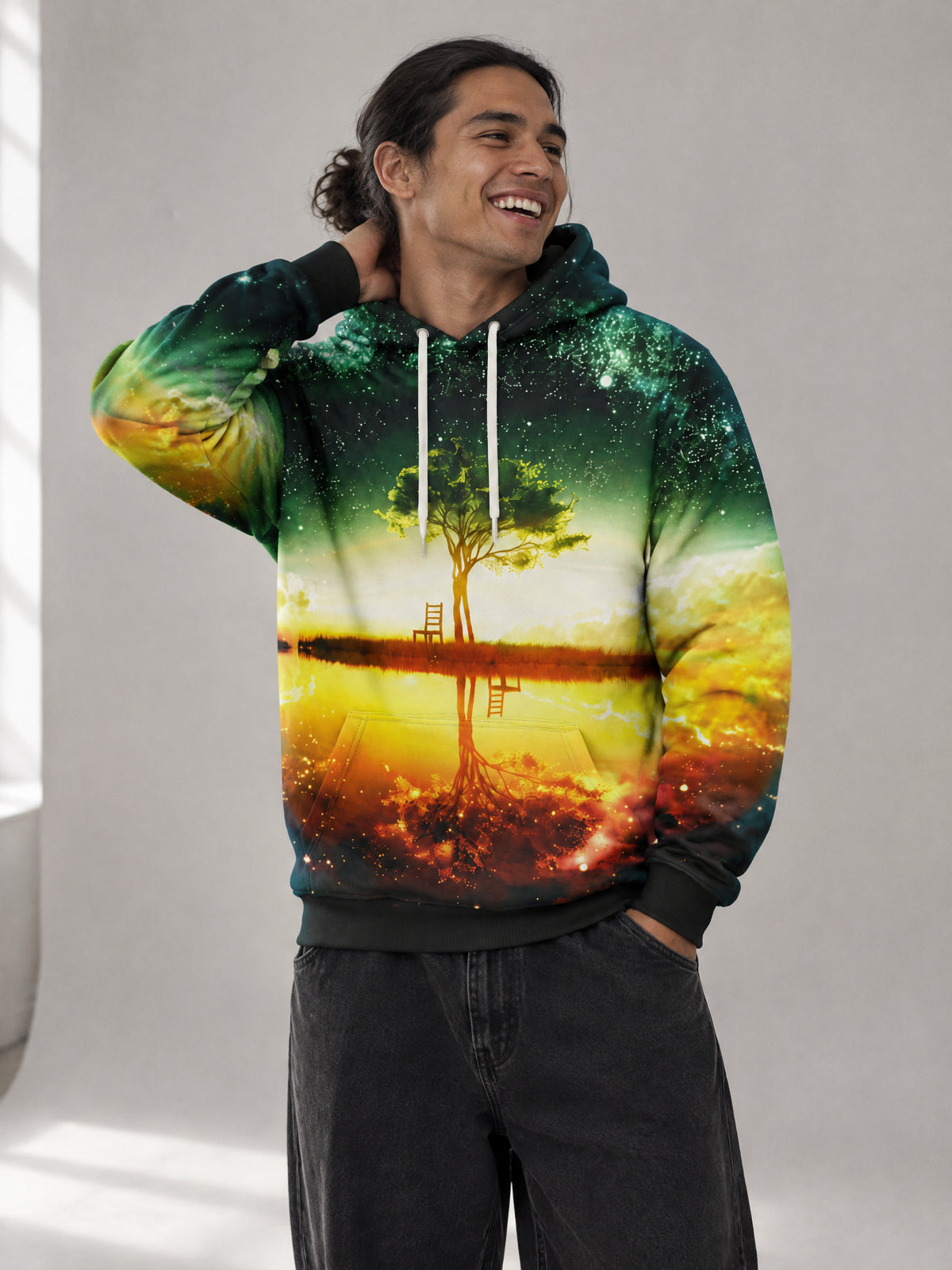 Mirror Tree Hoodie worn in the studio