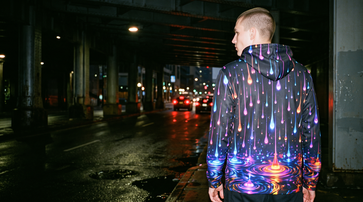 Back view of the Neon Rain hoodie at night under a train overpass