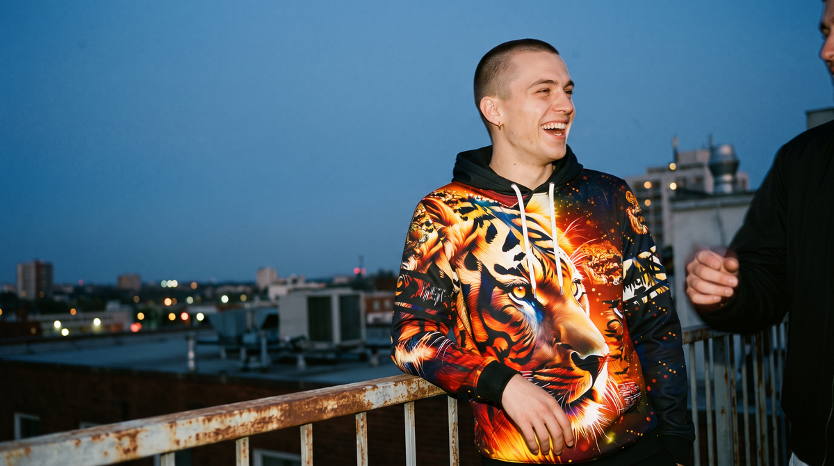 A young man laughing on a city rooftop at blue hour in the Ember Tiger hoodie