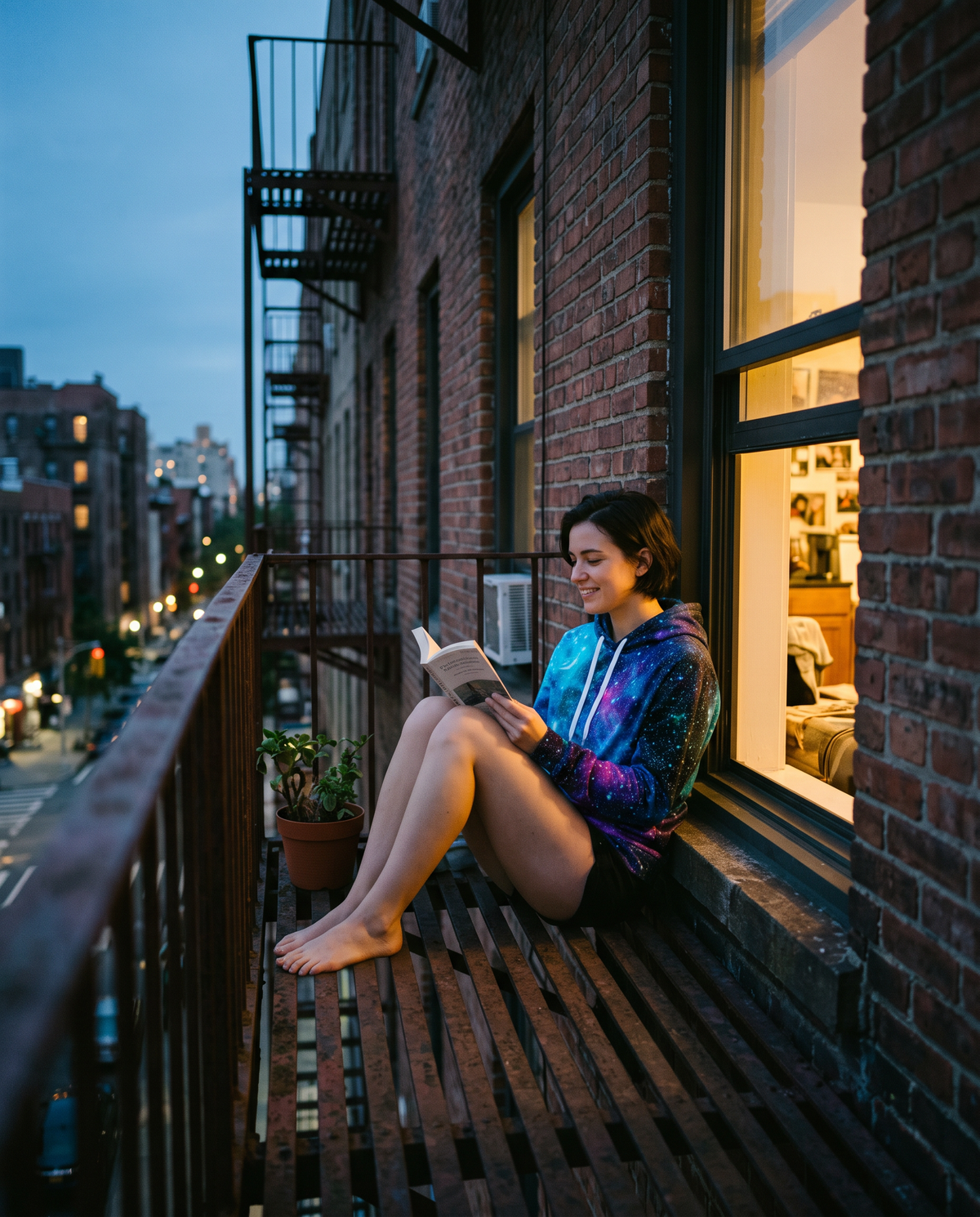 A woman reading on a fire escape at dusk in the Deep Space hoodie